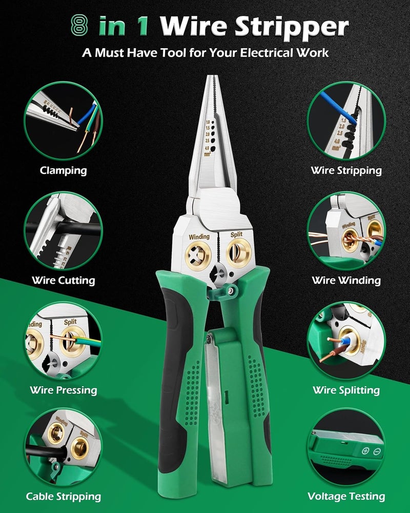 Fatio 8 In 1 Wire Stripper with Voltage Tester, Wire Strippers/Crimper with Plier, Cutters, Splitting(12V-250V), Wire Stripping Tools for 10-18 AWG for Professional Electrician & DIY Tool - Image 3
